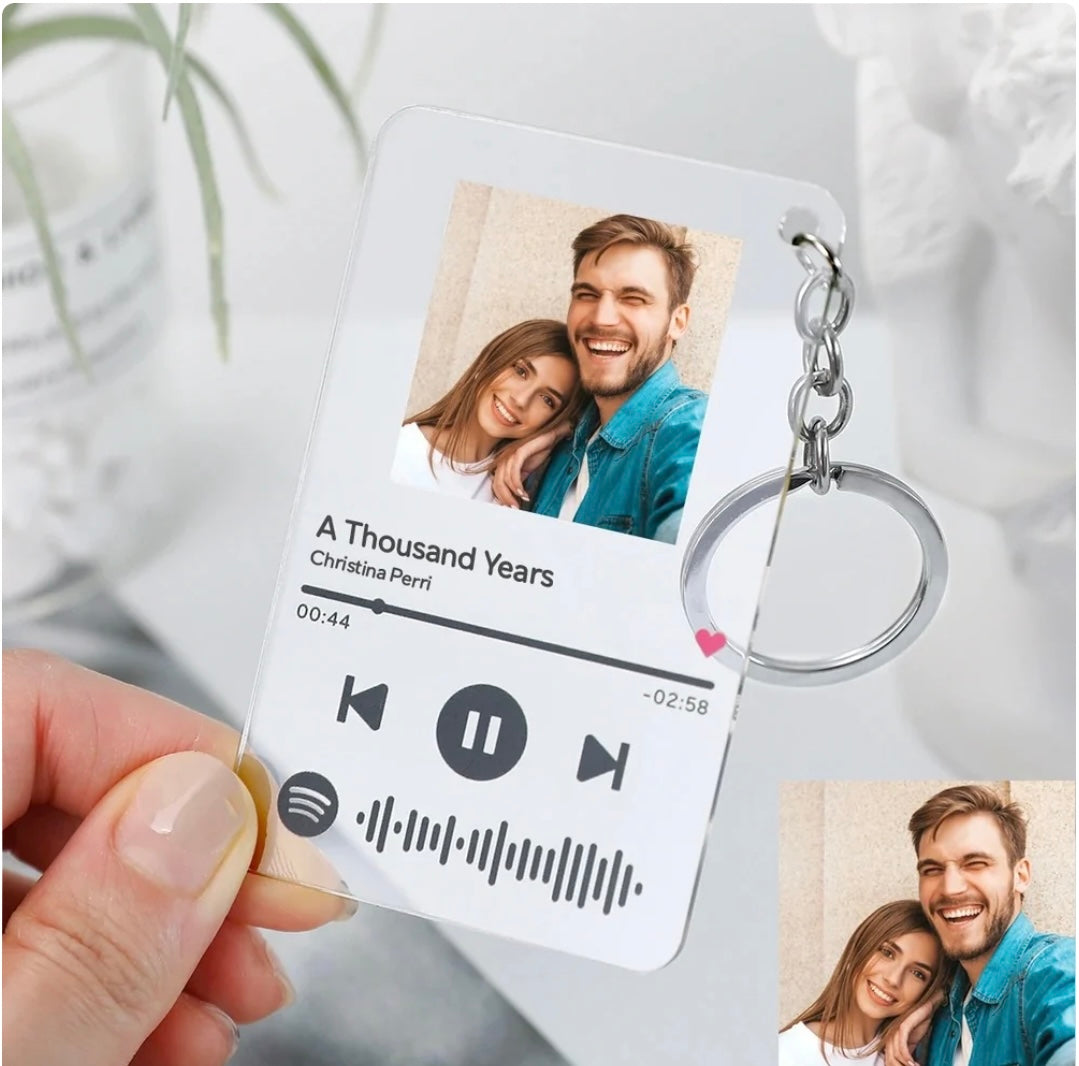 Hand holding custom Spotify keyholder with song and photo